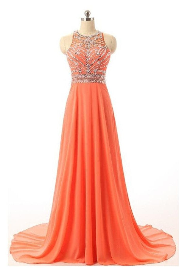 Beautiful Handmade Prom Dresses,Long Prom Dress,Orange Chiffon Prom Gowns,Beaded Party Prom Dresses