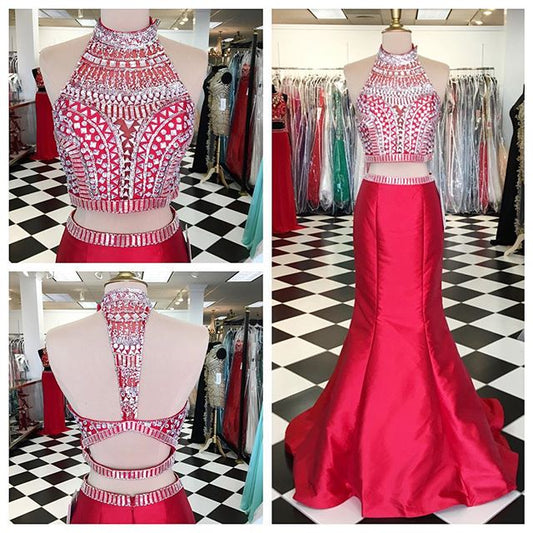 Light Red 2 pieces Prom Dresses,Mermaid Prom Dress,Charming High Neckline Prom Gowns,Evening Dresses