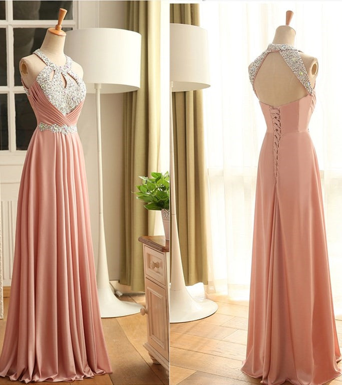 Blush Pink Halter Prom Dresses,Lace Up Handmade Prom Gowns,Pretty Evening Gowns,Long Party Gowns