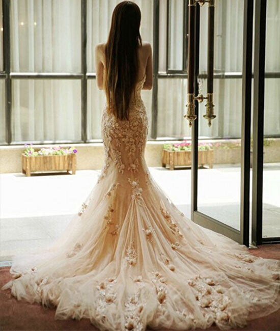 Pink Sweetheart Prom Dresses,Mermaid Wedding Dresses,Wedding Gowns,Applique Long Bridal Dresses