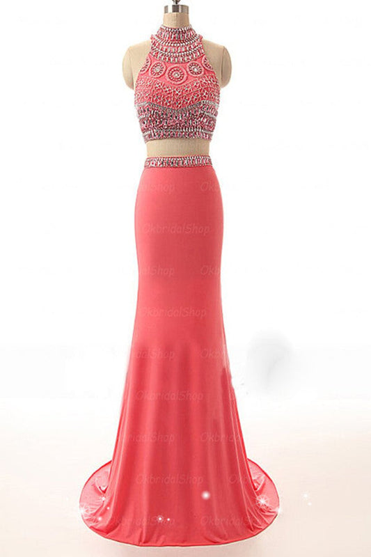 Watermelon Mermaid Prom Dresses,Handmade Two Pieces Prom Gowns,Beautiful Evening Dresses,Halter Open Back Prom Dress For Teens