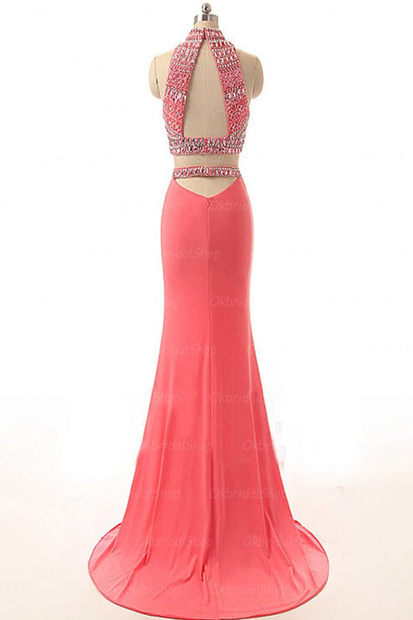 Watermelon Mermaid Prom Dresses,Handmade Two Pieces Prom Gowns,Beautiful Evening Dresses,Halter Open Back Prom Dress For Teens