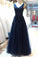 Floor Length V-neck Prom Dresses,Open Back Evening Dresses,Beautiful Navy Blue Prom Gowns,Women Dresses