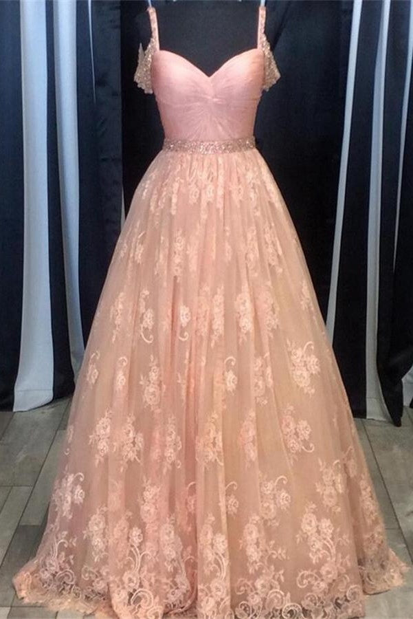 Spaghetti Straps Pink Lace Prom Dresses,Girly A-line Prom Gowns,Formal Evening Dresses,Long Prom Dress,Dresses For Teens,Women Dresses