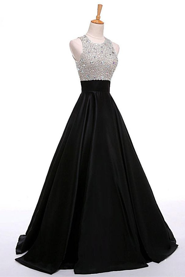 O-neckline Black Beading A-line Prom Dresses,Cheap Prom Dress,Prom Dresses For Teens,Satin Evening Dresses