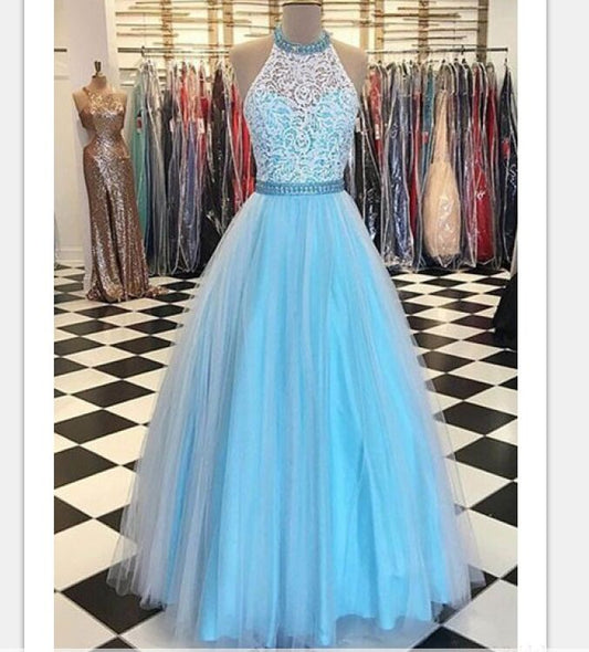 Light Blue Prom Dresses,Lace Prom Dress,Halter Prom Dress,A-line Prom Gowns,Long Prom Dresses,Evening Dresses,Simple Handmade Prom Gowns,Cheap Plus Size Prom Dresses,Party Dresses