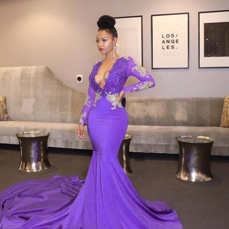 Long Sleeves Mermaid Purple Open Front Prom Dresses