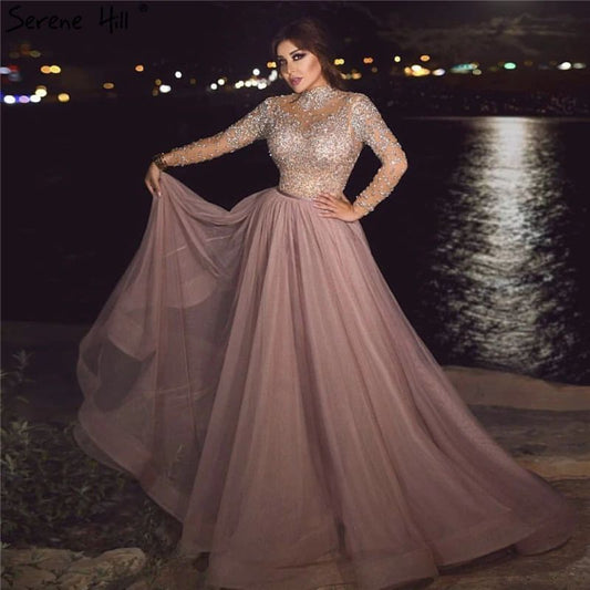 Dusty Rose A Line Tulle Beaded Long Sleeves Prom Dresses