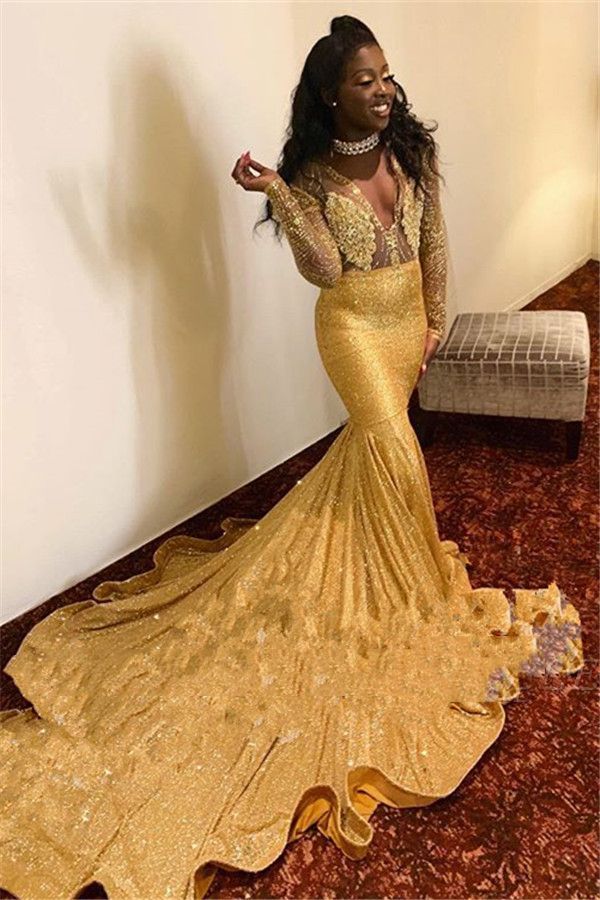 Long Sleeves Sequence Gold Mermaid Prom Dresses