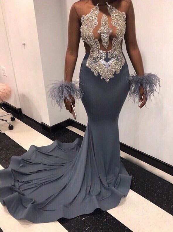 Grey Long Sleeves Beaded Backless Feathers Long Mermaid Prom Dresses