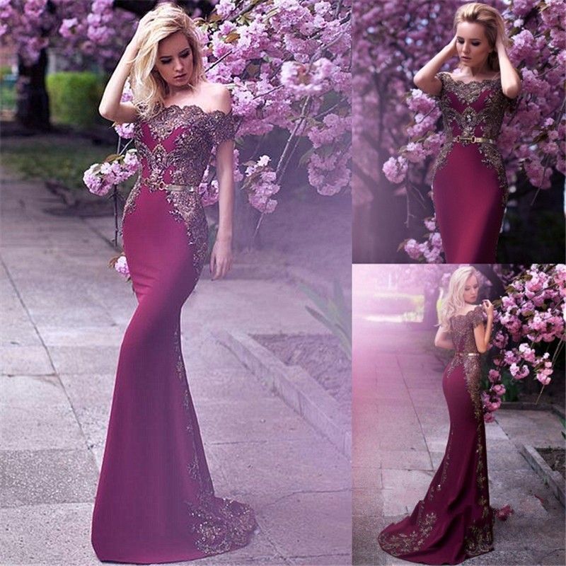 Long Burgundy Off Shoulder With Silver Appliques Mermaid Prom Dresses