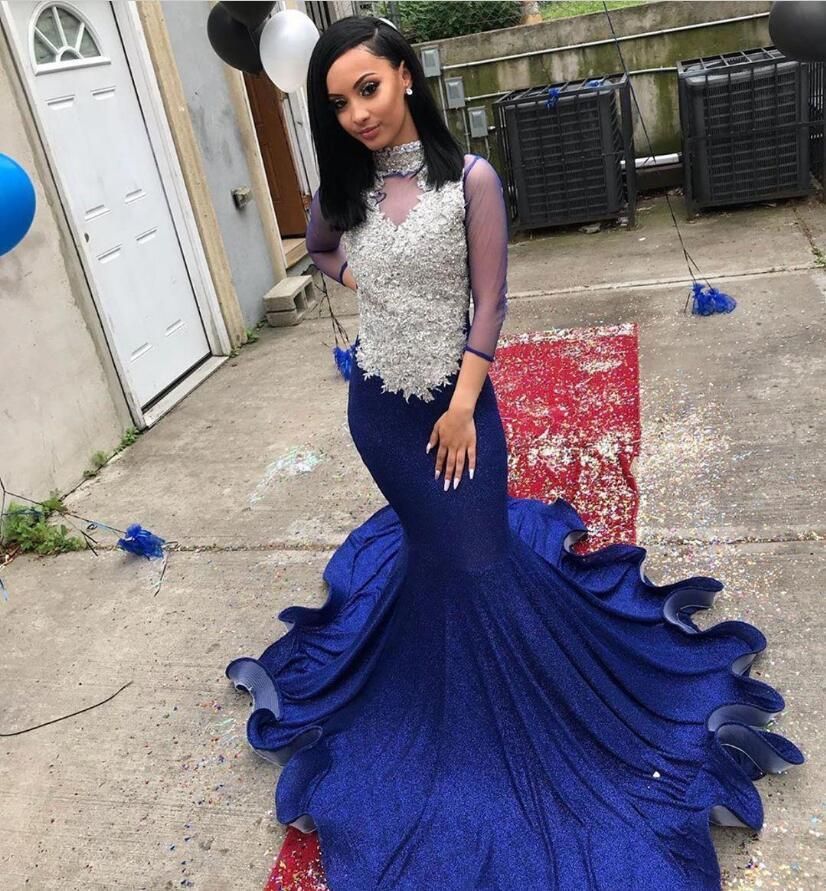 Long Sleeves Royal Blue Sequence Long Backless Mermaid Prom Dresses