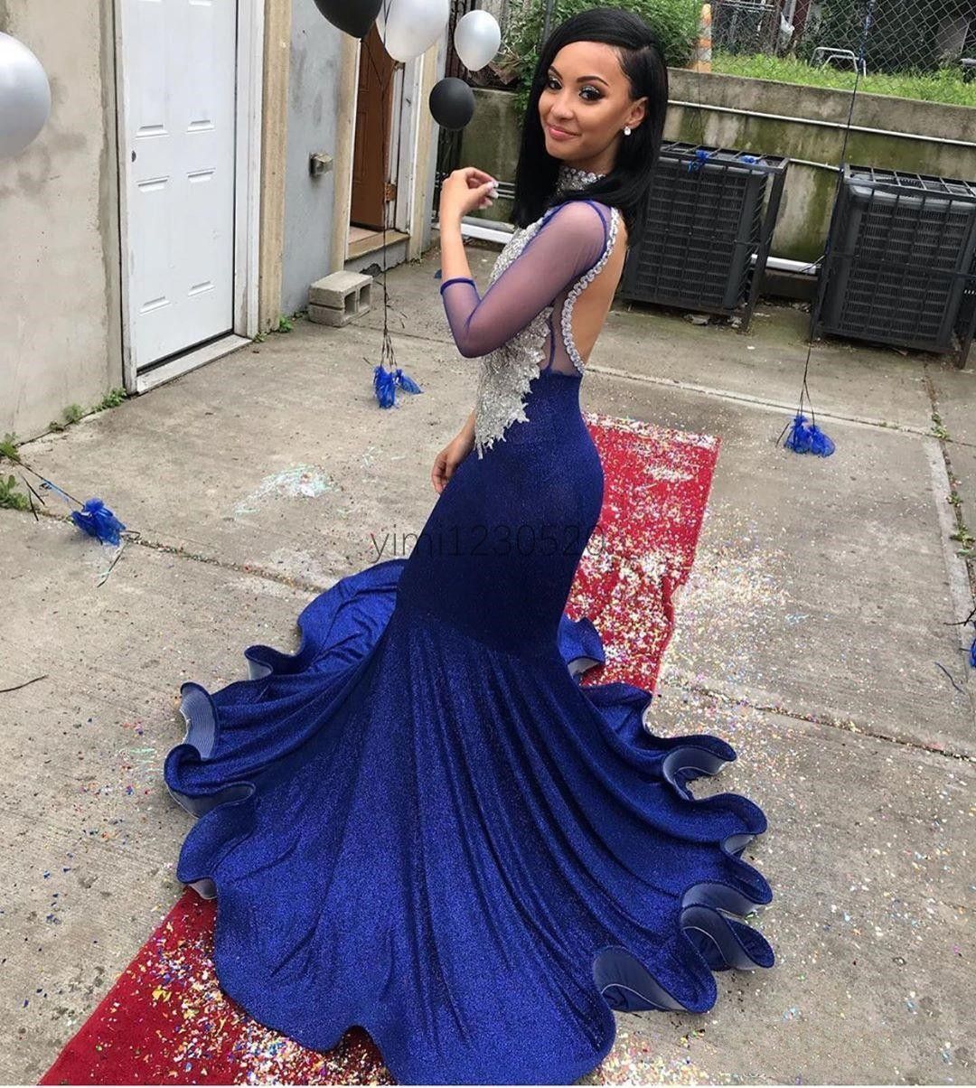 Long Sleeves Royal Blue Sequence Long Backless Mermaid Prom Dresses