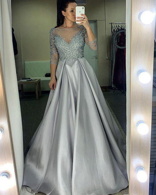 Silver A Line Beaded Satin Long Sleeves Prom Dresses