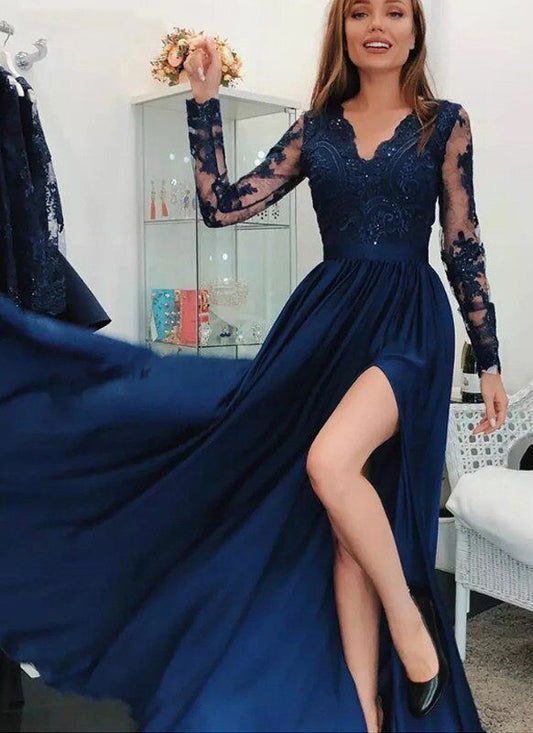 Long A Line Lace V Neck Navy Blue Long Sleeves Prom Dresses