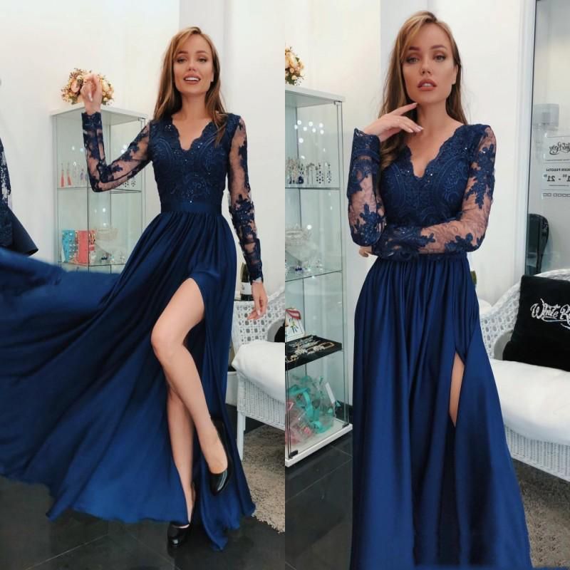 Long A Line Lace V Neck Navy Blue Long Sleeves Prom Dresses