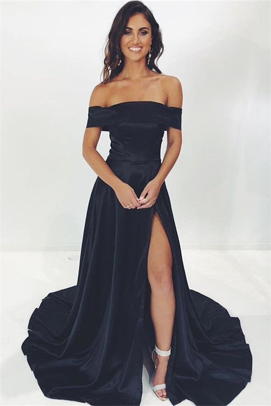 Long A Line Satin Off Shoulder Black Prom Dresses