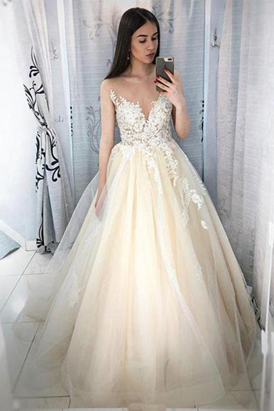 Lace Appliqued Tulle Long A-line Prom Dresses, Sheer Neck Wedding Dresses N1297