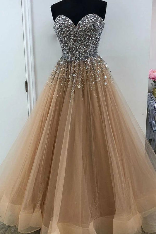 Puffy Sweetheart Floor Length Beading Prom Dress, Glitter Tulle Long Formal Dress with Crystals N2564