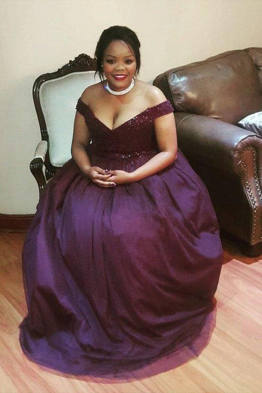 Purple Plus Size Off the Shoulder Tulle Plus Size Prom Dress with Beading N2229