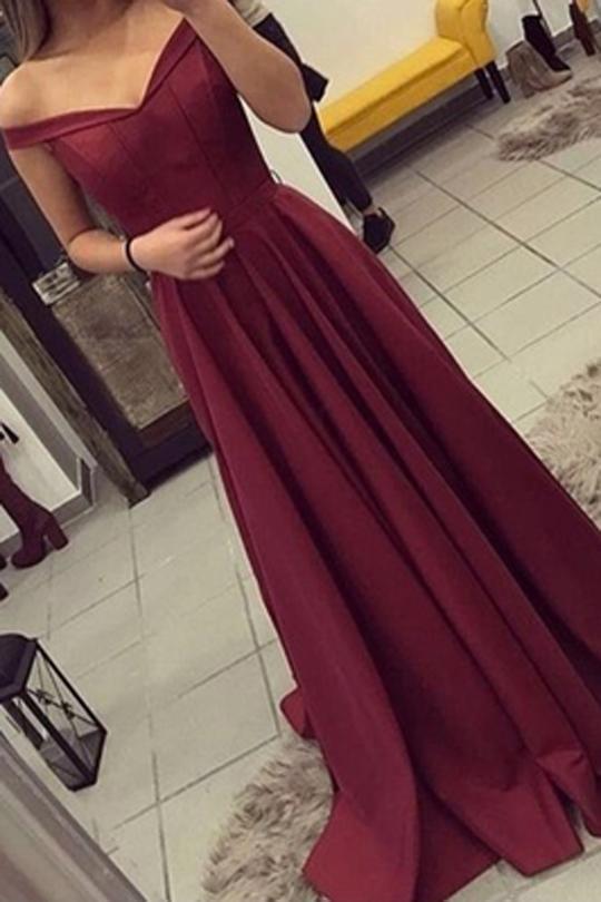 Satin Off the Shoulder A-line Sweep Train Sashes Sweetheart Burgundy Prom Dresses