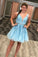 Blue Cheap Cute V-Neck Applique Lace Homecoming Dress,Tulle Short Prom Dress N2040