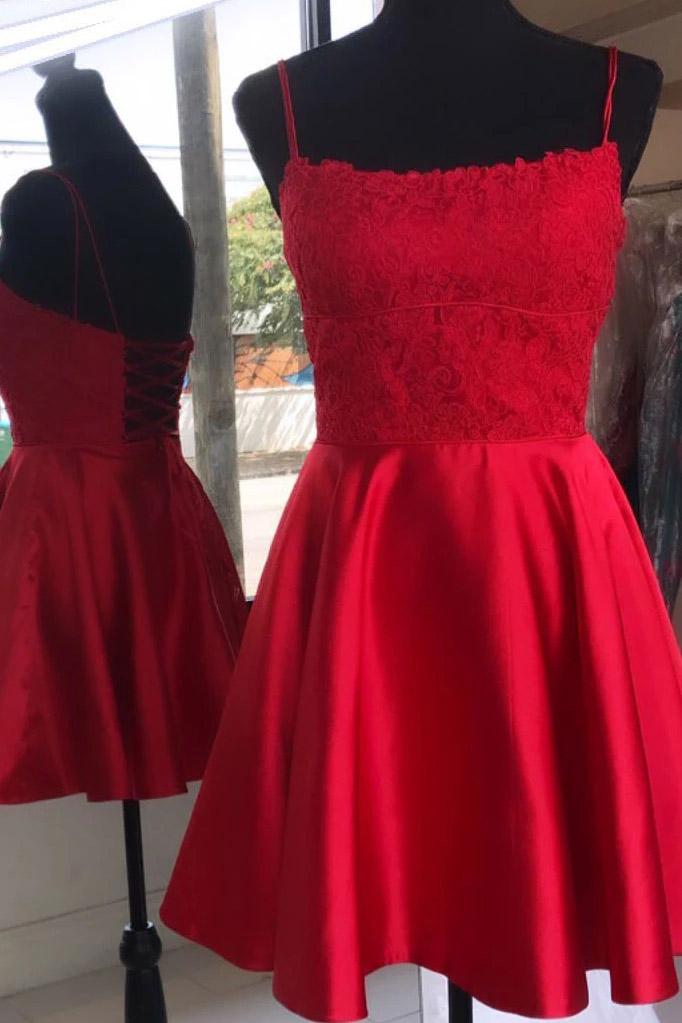 Red Spaghetti Strap Satin Homecoming Dress with Lace, Simple Little Red Homecoming Dress N2120