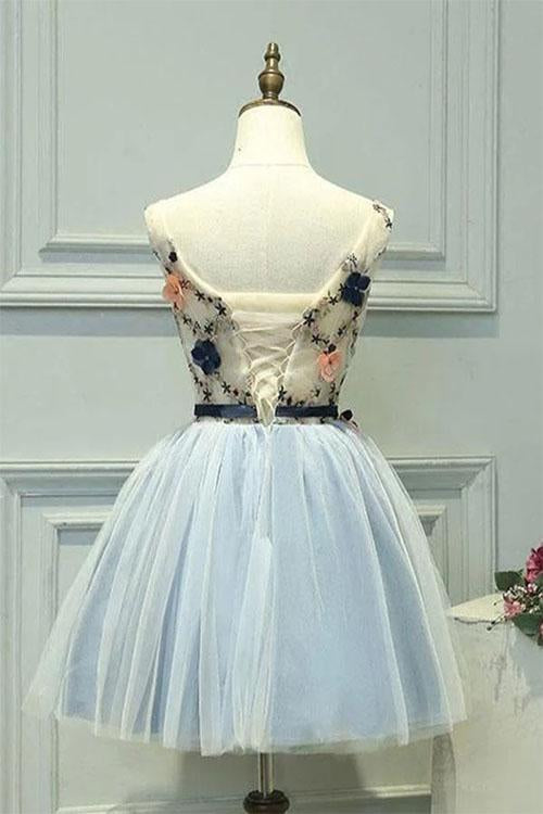 A-Line Blue Tulle Homecoming Dresses With Appliques, Cute Graduation Dress with Flower N2177