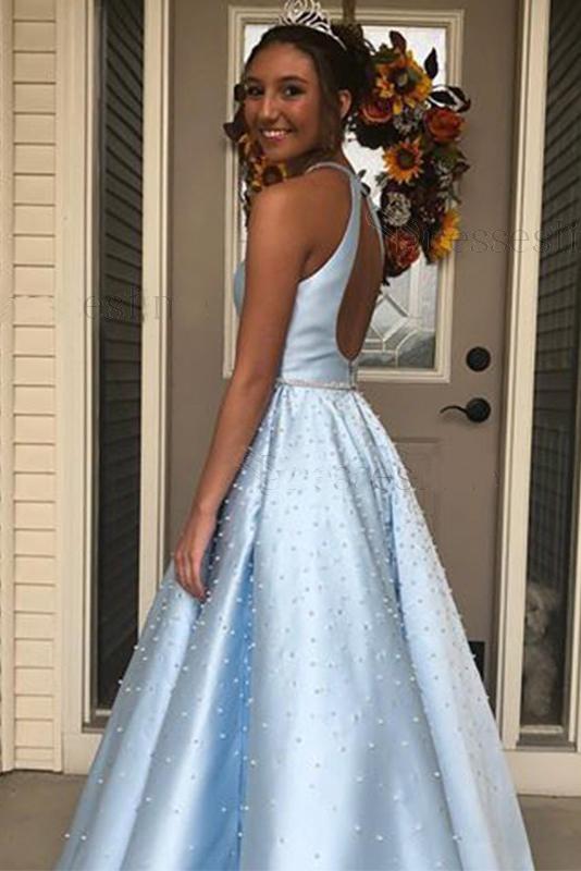 Light Blue Jewel Open Back Long Prom Dress with Pearls, A Line Sleeveless Formal Dress N2576