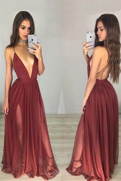 Sexy Deep V Neck Spaghetti Straps Prom Dresses,A-Line Chiffon Open Back Evening Dress N53