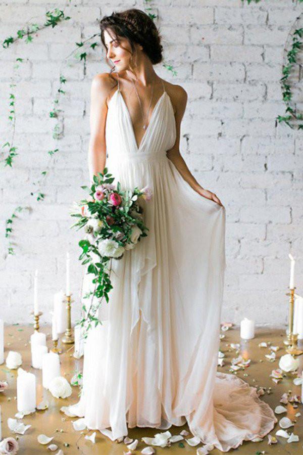 Backless Deep V-neck Sweep Train Beach Wedding Dresses With Straps N24