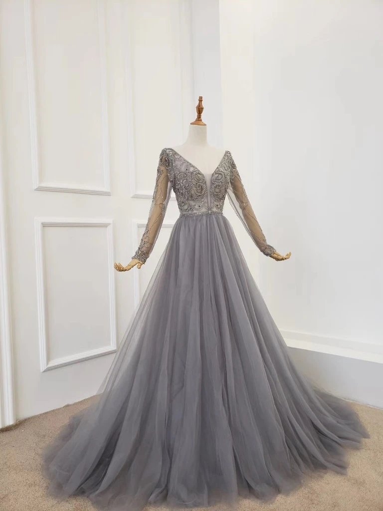 A Line V Neck Long Sleeves Tulle Gray Prom Dress with Beading, Cheap Party Dresses N2578