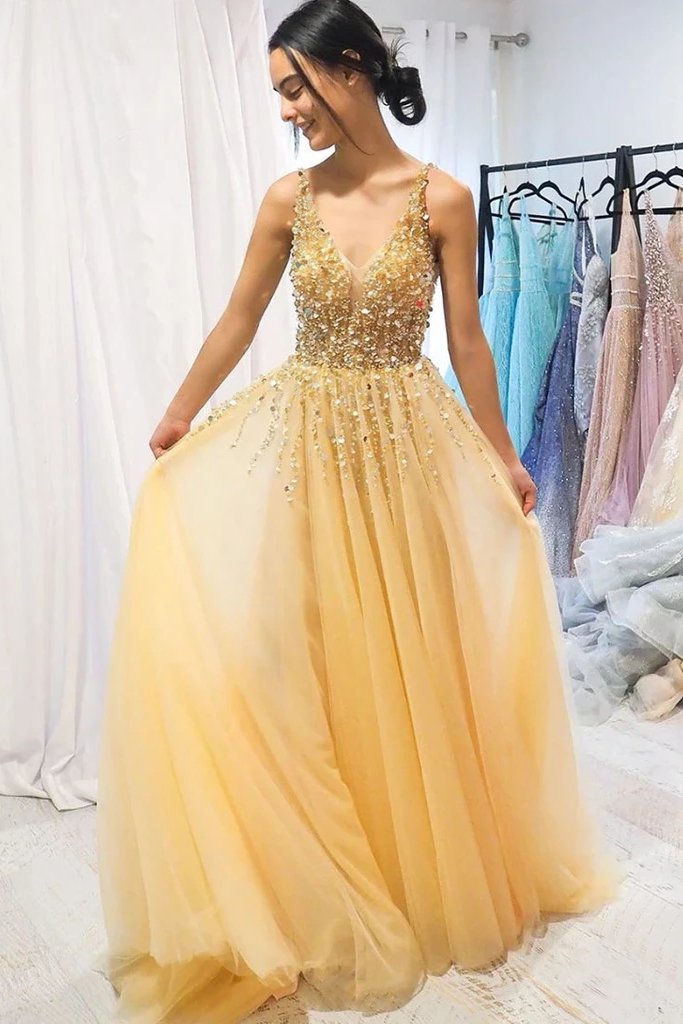 A Line Floor Length Tulle Prom Dress with Sequins, Cheap V Neck Long Formal Dresses N2570