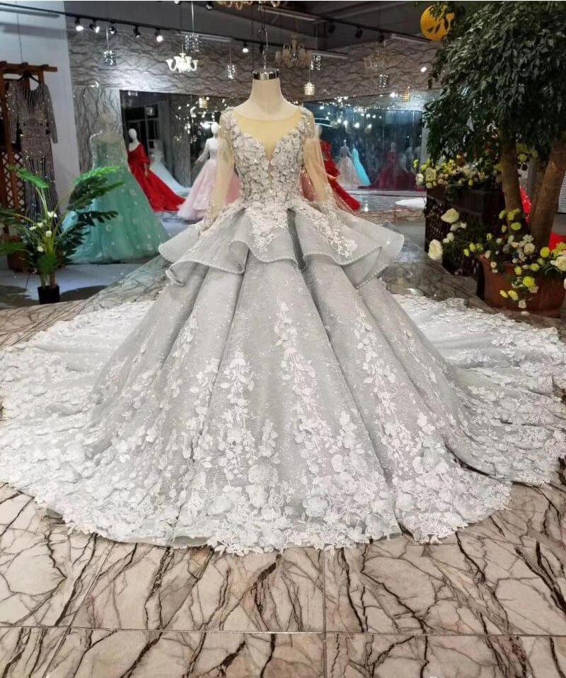 See Through Bodice Big Wedding Dresses with Flowers Long Sleeve Quinceanera Dress N1282
