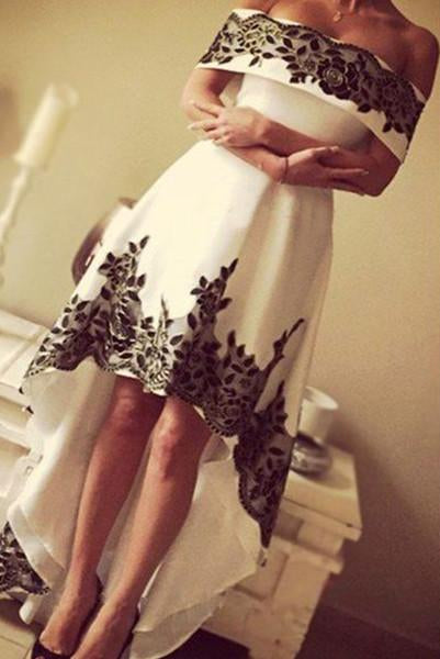 Gorgeous High Low Prom Dresses,Off-shoulder Lace White And Black Prom Gown,N84