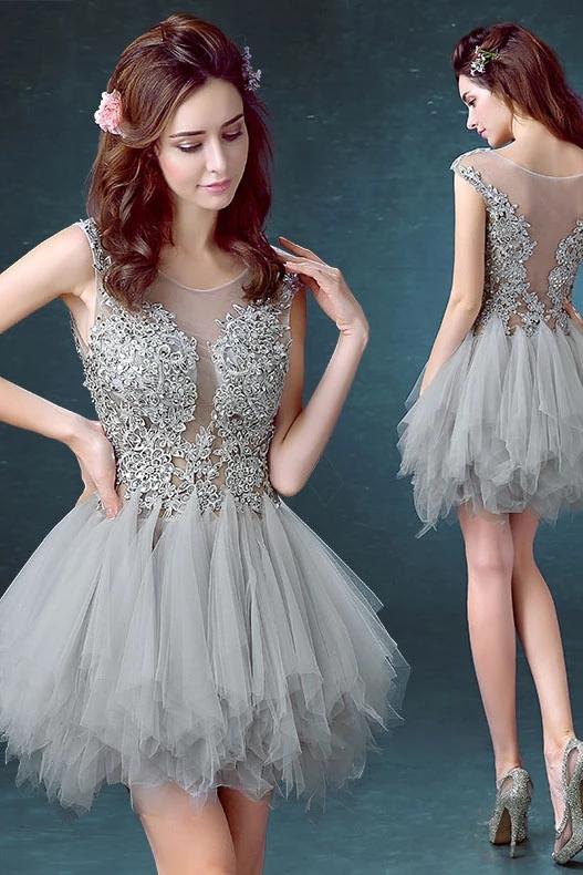 Silver Gray Tulle Scoop Unique Junior Homecoming Dress with appliques,Graduation Dress N2049