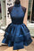 A-line High Neck Short Beaded Dark Blue Backless Homecoming Dress,Short Prom Dresses,N187