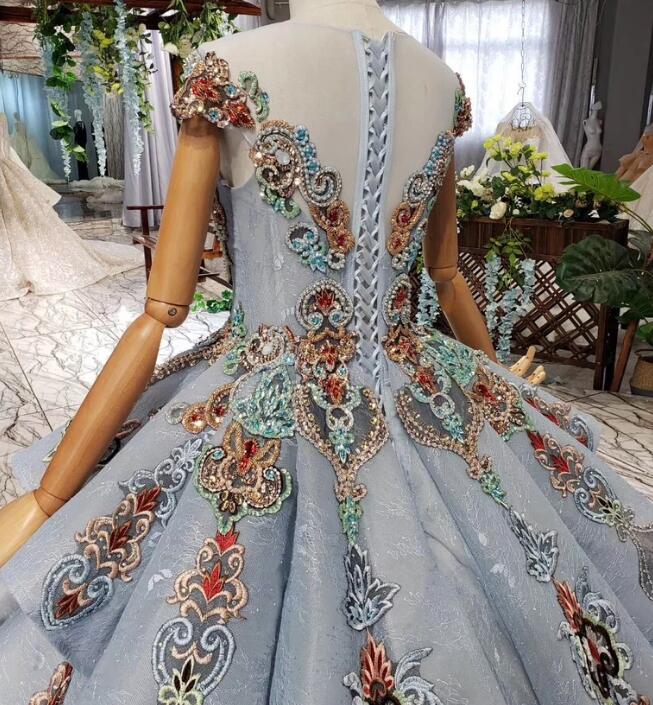 Ball Gown Blue Cap Sleeve Long Prom Dresses, Lace up Beading Quinceanera Dresses N1997