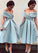 A-Line Off-the-Shoulder Tea-Length Sleeveless Homecoming Dress,Light Blue Satin Prom Dress,N184