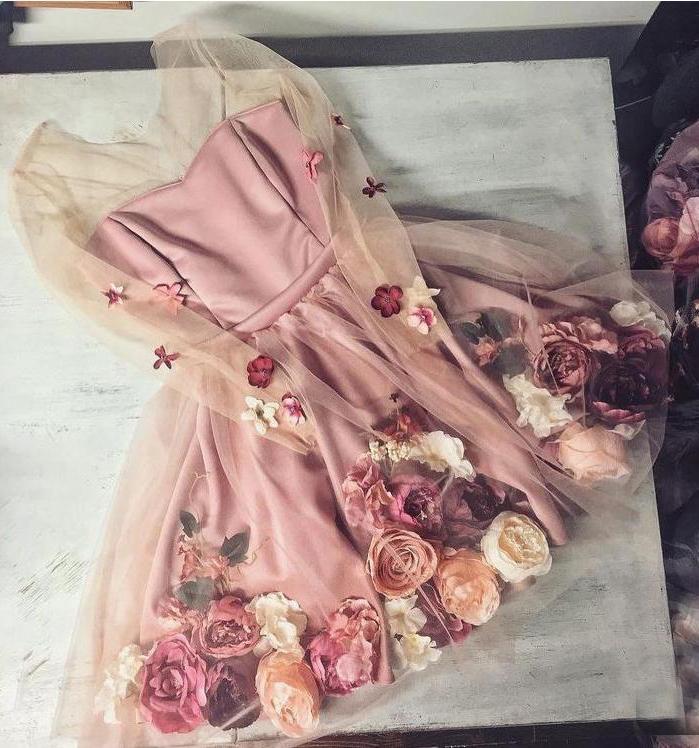 Pink V Neck 3D Applique Short Prom Dress, Long Sleeves Homecoming Dress N1840