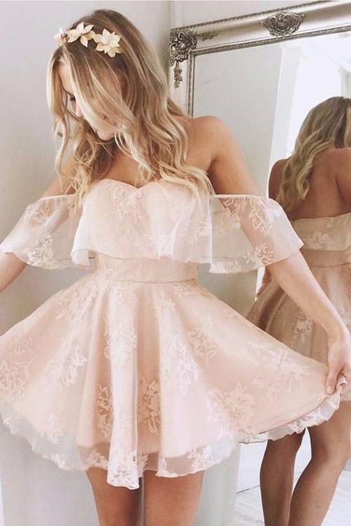 A-Line Homecoming Dress,Lace Prom Dress 2017,Off-the-Shoulder Short Prom Dresses,Short Pearl Pink Homecoming Dress,Lace Homecoming Dresses,N104