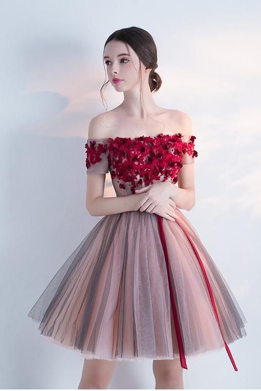 Off-the-shoulder Cocktail Dress,Homecoming Dress With Red Appliques,Mini Dress With Belt,N121