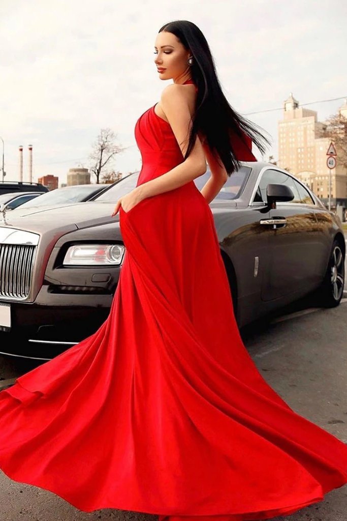 Stylish Red Halter Long Prom Dress, Floor Length Sleeveless Evening Dresses with Pockets N2619