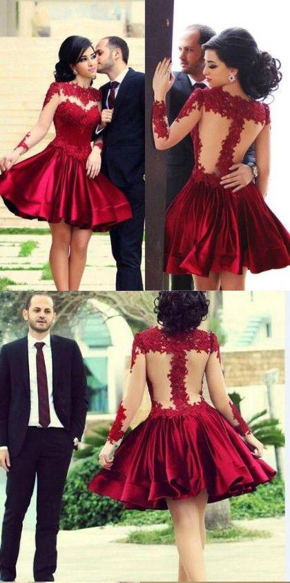Knee Length Homecoming Dresses with Appliques,See-through Long Sleeve Cocktail Dresses,N114
