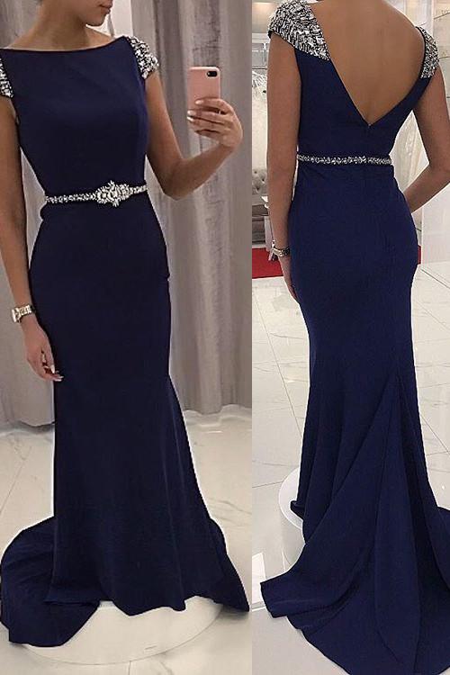 Navy Blue Sequined Fitted Cap Sleeve Prom Gown,Mermaid Prom Dress,Formal Gown,N90