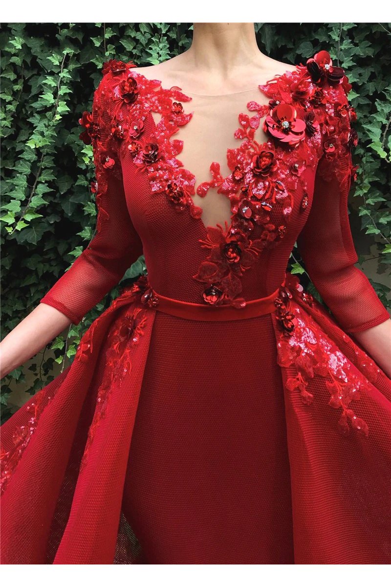 Red Long Prom Dress with 3/4 Sleeves, Puffy Organza Formal Dresses with Flowers N2027