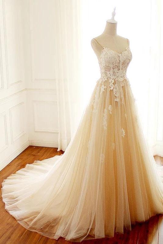 Spaghetti Straps A-line Long Custom Cheap Wedding Bridal Dresses, Lace Applique Bridal Dress N2426