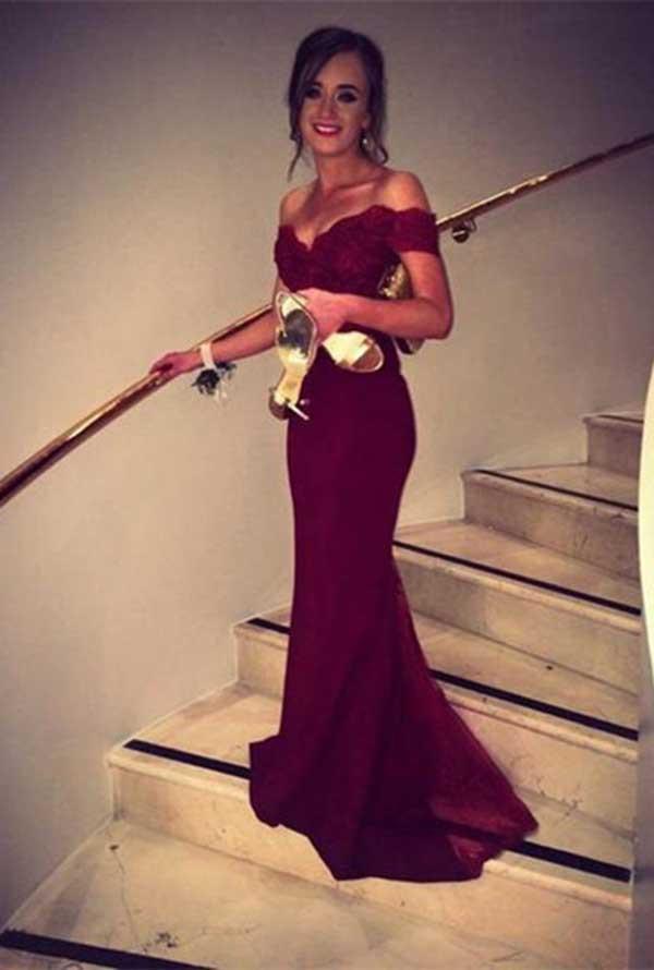 Mermaid Burgundy Off-the-Shoulder Chiffon Lace Prom/Evening Dress N02