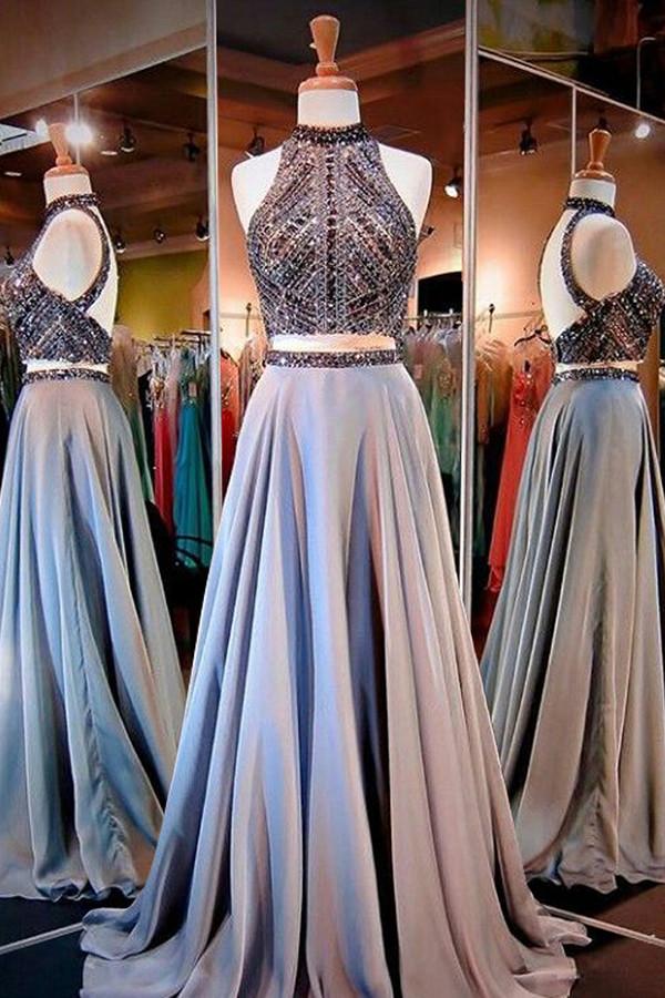 Two Pieces A-line Sparkle High Neck Beading Long Prom/Evening Dress N13