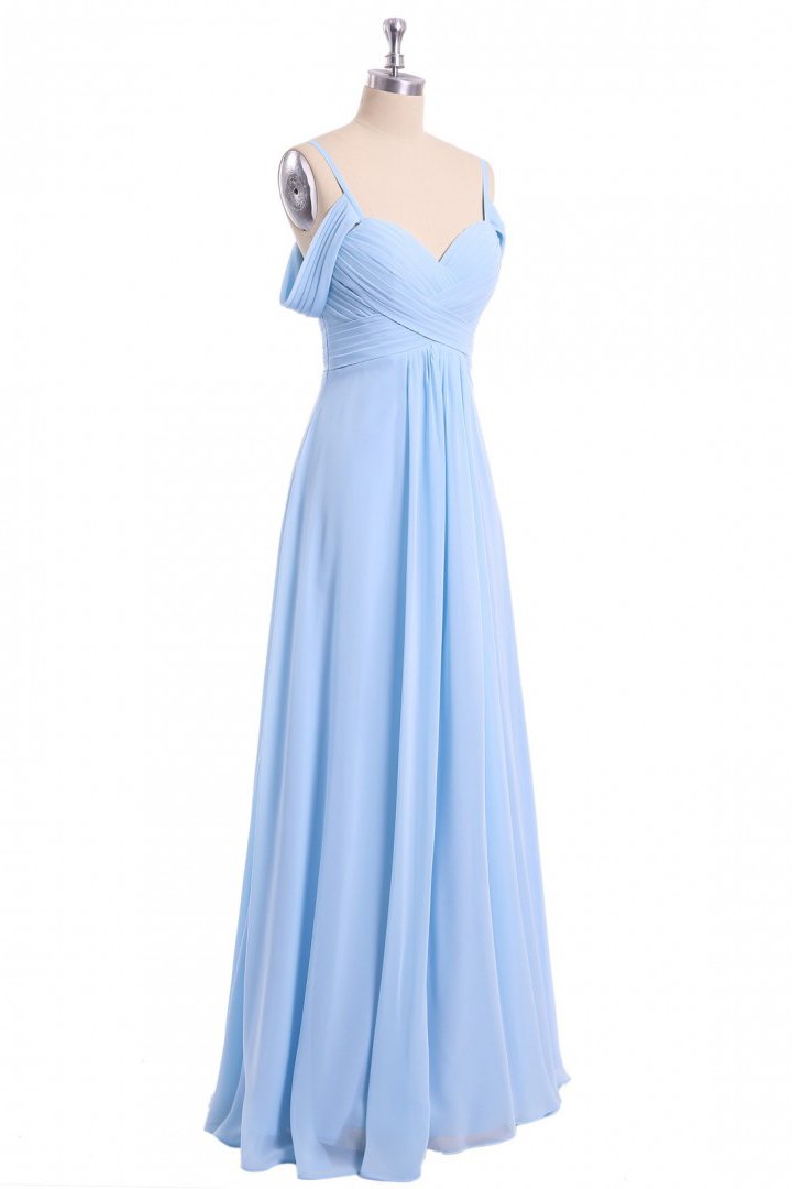 Light Sky Blue Off Shoulder Spaghetti Strap Chiffon Dresses, Floor Length Formal Dress N2057